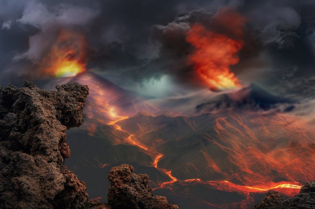 Volcano and a river of lava under a stormy sky